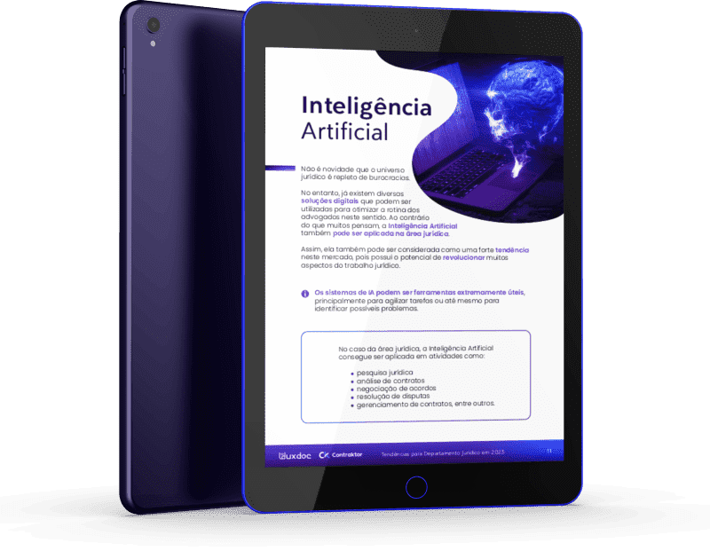 Imagem de um tablet ilustrando um capítulo do E-book sobre aplicação de Inteligência Artificial na área jurídica. Tendências para a Área Jurídica.